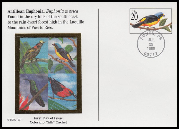 UX293 - UX296 / 20c Tropical Birds Set of 4 Colorano Silk 1998 Postal Card First Day Covers