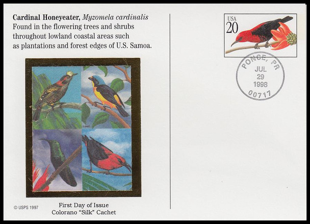 UX293 - UX296 / 20c Tropical Birds Set of 4 Colorano Silk 1998 Postal Card First Day Covers