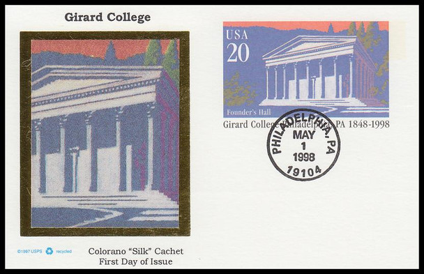 UX292 / 20c Founder's Hall : Girard College , Philadelphia, PA 1998 Colorano Silk Postal Card First Day Cover