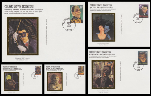 UX285 - UX289 / 20c Classic Movie Monsters Set of 5 Colorano Silk 1997 Postal Card First Day Cover