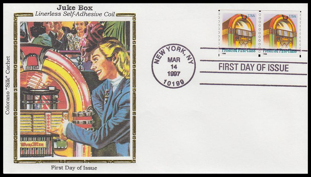 3132 / 25c Non-Denominated Juke Box Coil Pair 1997 Colorano Silk First Day Cover