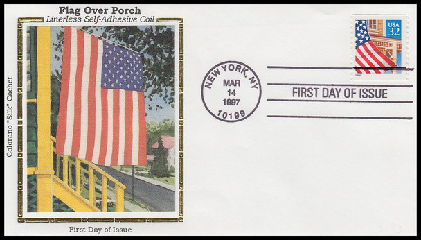 3133 / 32c Flag Over Porch Linerless PSA Coil Single 1997 Colorano Silk First Day Cover