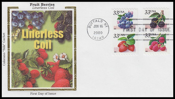 3404 - 3407 / 33c Fruit Berries Coil on 1 Colorano Silk 2000 First Day Cover