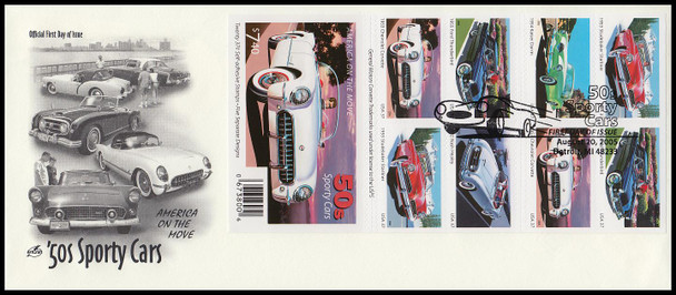 3935b / 37c Sporty Cars of the 50s Both Sides Booklet Panes Set of 2 on #10 Envelope 2005 Artcraft FDCs