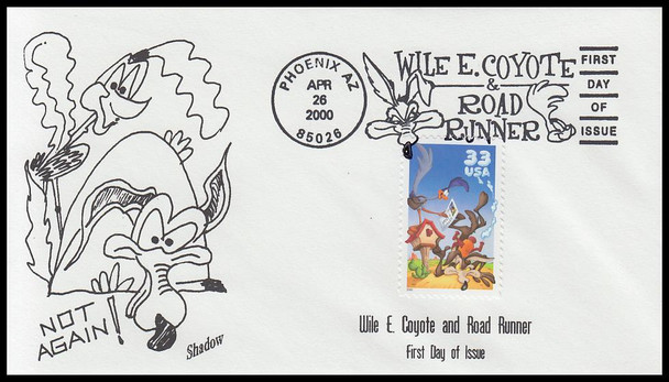3391a / 33c Wile E. Coyote and Road Runner : Looney Tunes 2000 Shadow Cachet By Faircloth First Day Cover