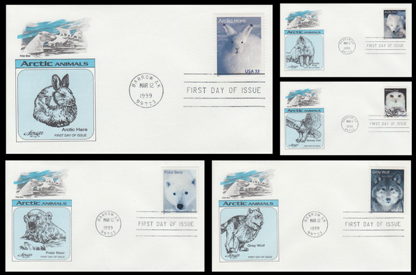 3288 - 3292 / 33c Arctic Animals Set of 5 Artmaster 1999 First Day Covers