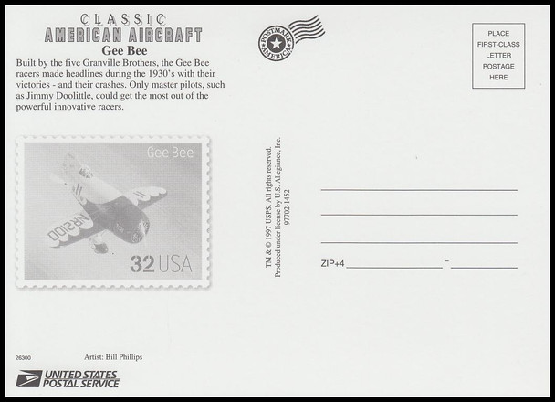 Gee Bee : Classic American  Aircraft Stamp Collectible Jumbo Postcard