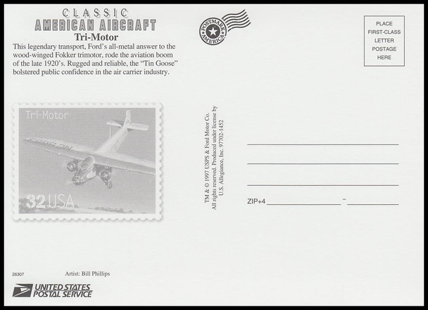 Tri-Motor : Classic American  Aircraft Stamp Collectible Jumbo Postcard