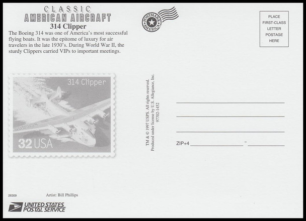 314 Clipper : Classic American  Aircraft Stamp Collectible Jumbo Postcard