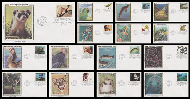 3105a-o / 32c Endangered Species Set of 15 Colorano Silk 1996 First Day Cover