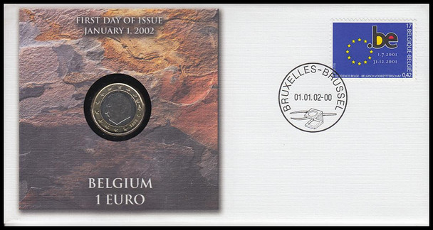 Belgium 1 Euro : The First Coins Of Europe On Monarch Size Fleetwood 2002 First Day Coin Cover
