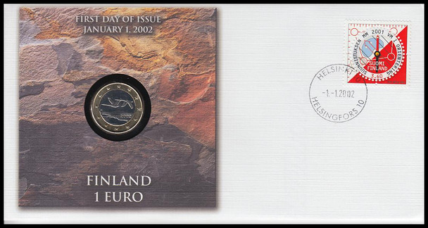 Finland 1 Euro : The First Coins Of Europe On Monarch Size Fleetwood 2002 First Day Coin Cover