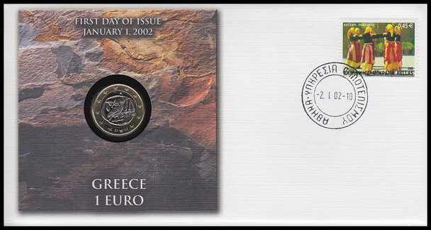 Greece 1 Euro : The First Coins Of Europe On Monarch Size Fleetwood 2002 First Day Coin Cover