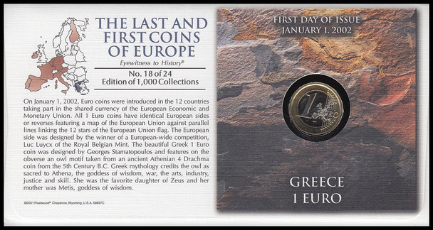 Greece 1 Euro : The First Coins Of Europe On Monarch Size Fleetwood 2002 First Day Coin Cover