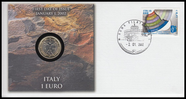 Italy 1 Euro : The First Coins Of Europe On Monarch Size Fleetwood 2002 First Day Coin Cover