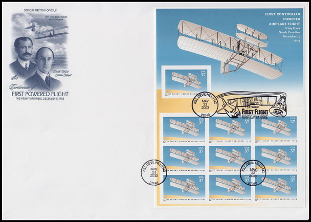 3783 / 37c First Flight Centenary Panes Single and Dual Postmarks Set of 2 Oversized Large Format 2003 Artcraft FDCs