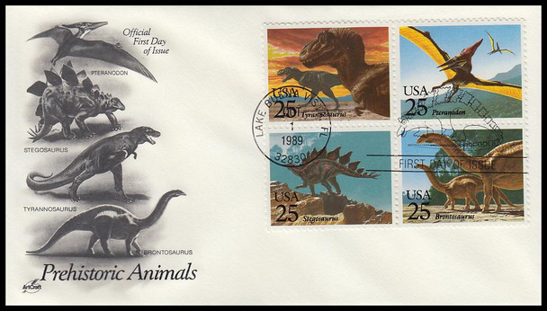 2425a / 25c Prehistoric Animals / Dinosaurs Se-Tenant Block Artcraft 1989 First Day Cover