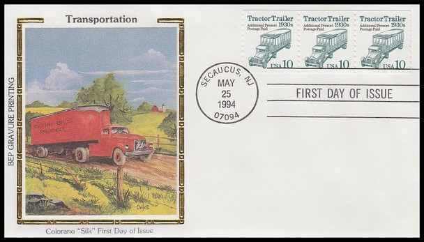 2458 / 10c Tractor Trailer 1930s Coil Strip of 3: Transportation Series Colorano Silk 1994 FDC