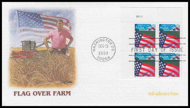 3449 / 34c Farm Flag Self Adhesive Pane Plate Block 2000 Fleetwood FDC