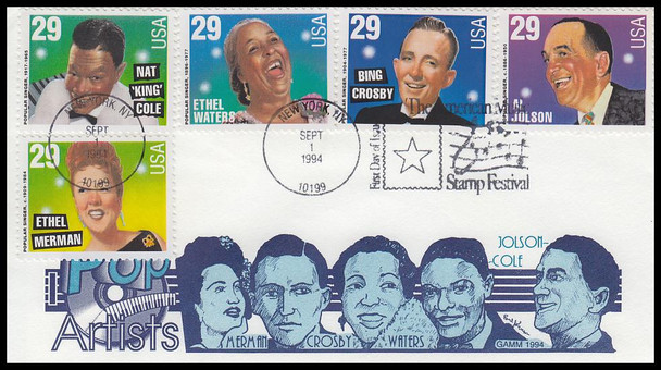 2849 - 2853 / 29c Popular Singers All 5 On One GAMM 1994 First Day Cover #2