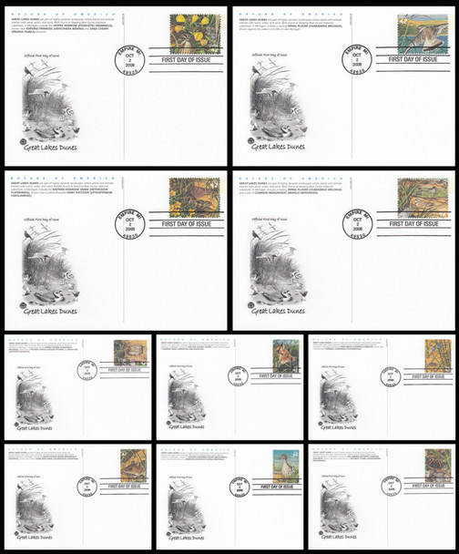 UX539 - UX548 / 42c Great Lakes Dunes Set of 10 PCS 2008 Jumbo Postal Cards FDCs