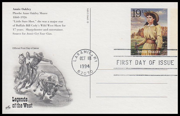 UX178 - UX197 / 19c Legends of the West : Laramie, WY Postmark Set of 20 Artcraft 1994 Postal Card FDCs