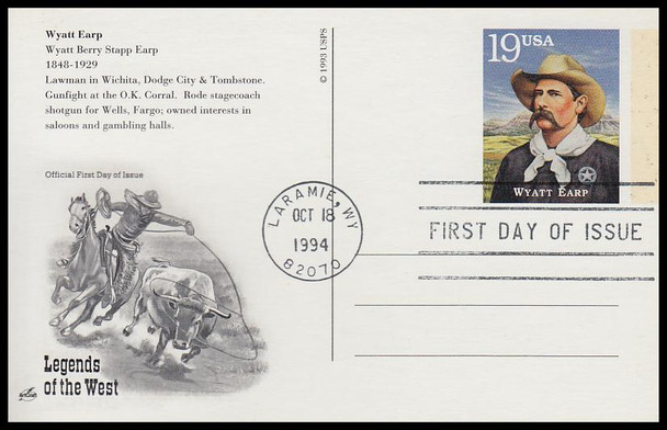 UX178 - UX197 / 19c Legends of the West : Laramie, WY Postmark Set of 20 Artcraft 1994 Postal Card FDCs