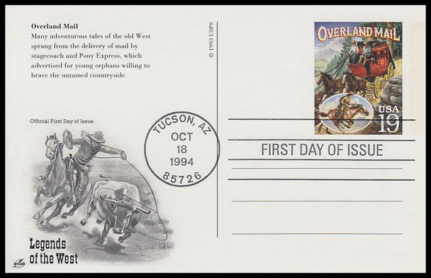 UX178 - UX197 / 19c Legends of the West : Tucson, AZ Postmark Set of 20 Artcraft 1994 Postal Card FDCs