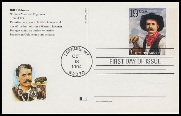 UX178 - UX197 / 19c Legends of the West : Laramie, WY Postmark Set of 20 Fleetwood 1994 Postal Card FDCs