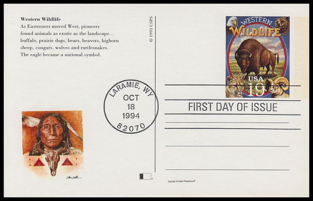 UX178 - UX197 / 19c Legends of the West : Laramie, WY Postmark Set of 20 Fleetwood 1994 Postal Card FDCs