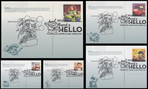 UX622 - UX626 / 29c Pixar Films : Send A Hello Set of 5 Artcraft 2011 Postal Card FDCs