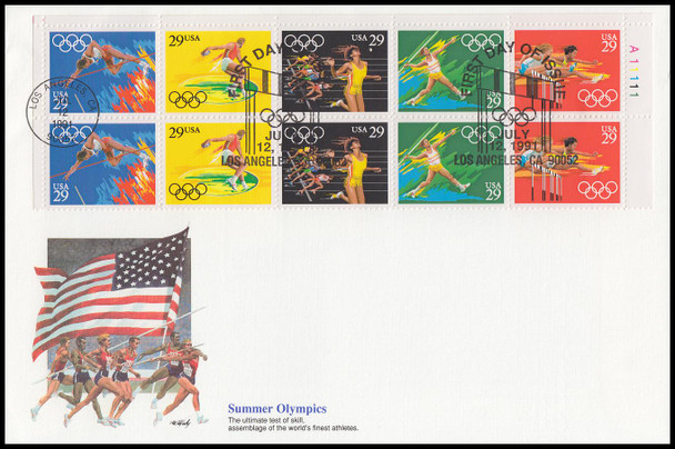 2557a / 29c Summer Olympic Games Se-Tenant Plate Block Upper Right Oversized Large Format Fleetwood 1991 FDC