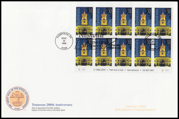3071a / 32c Tennessee Statehood Bicentennial  Se-Tenant Plate Block Oversized Large Format Fleetwood 1996 FDC