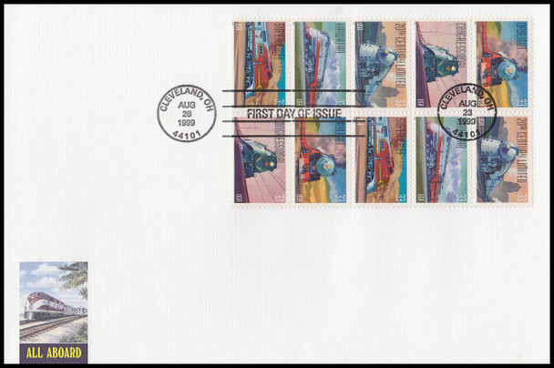 3337a / 33c All Aboard Twentieth Century Trains Se-Tenant Block Oversized Large Format Fleetwood 1999 FDC Variation #2