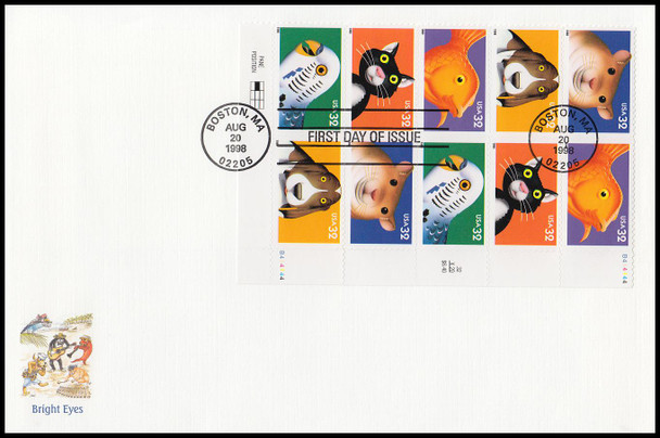 3234a / 32c Bright Eyes : Pets Se-Tenant Plate Block Right Oversized Large Format Fleetwood 1998 FDC