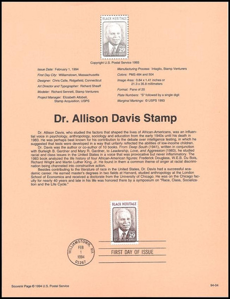 2816 / 29c Dr. Allison Davis : Black Heritage Series 1994 USPS Souvenir Page #9404