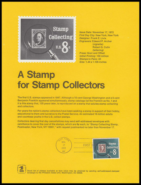 1474 / 8c Stamp Collecting 1972 USPS Souvenir Page #7217