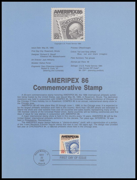 2145 / 22c AMERIPEX '86 1985 USPS Souvenir Page #8530
