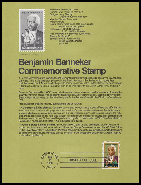 1804 / 15c Benjamin Banneker: Black Heritage Series 1980 USPS Souvenir Page #8004