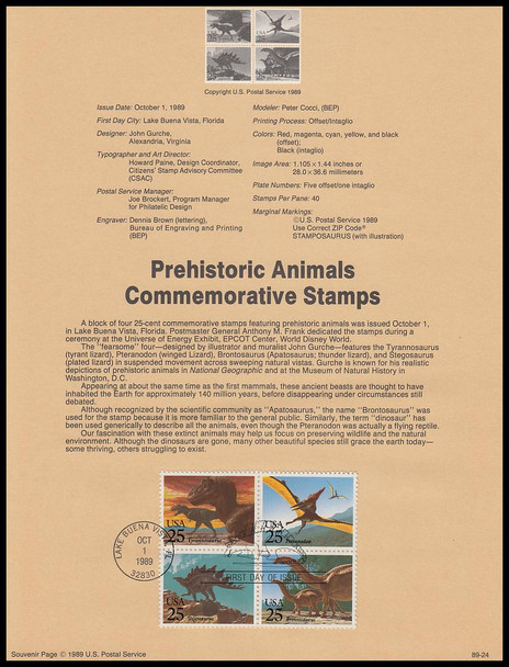 2425a / 25c Prehistoric Animals / Dinosaurs 1989 USPS Souvenir Page #8924