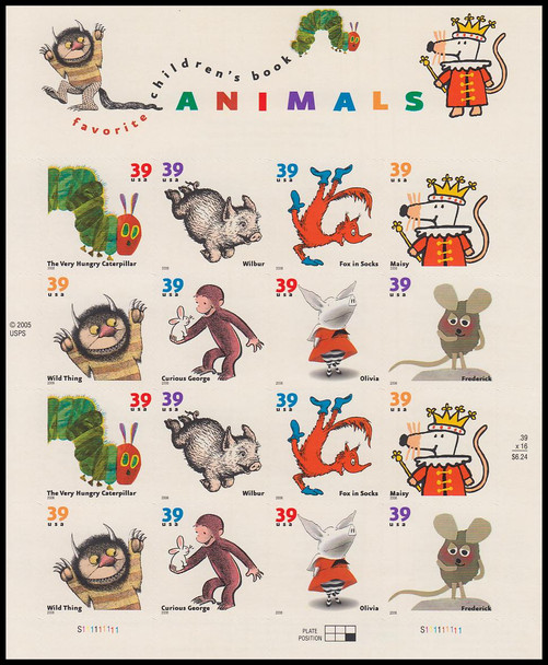 3994a / 39c Children's Books Animals Sheet of 16 Stamps 2006 USPS