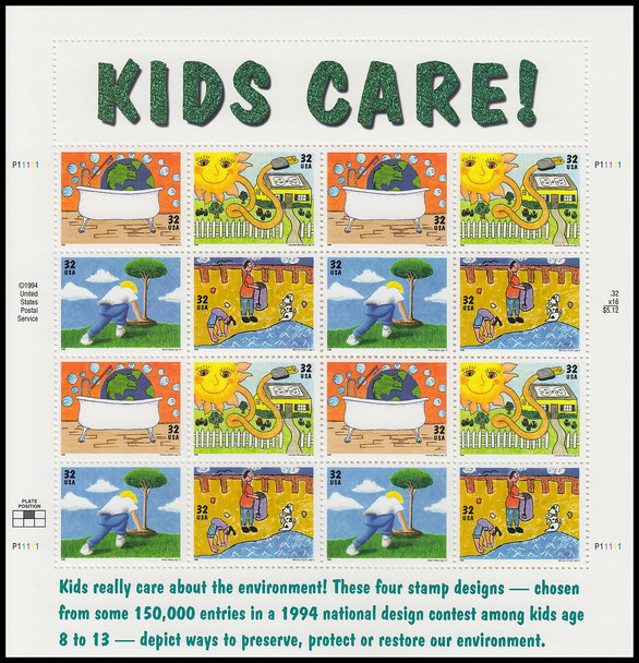 2954a / 32c Earth Day / Kids Care Pane of 16 Stamps 1995 USPS