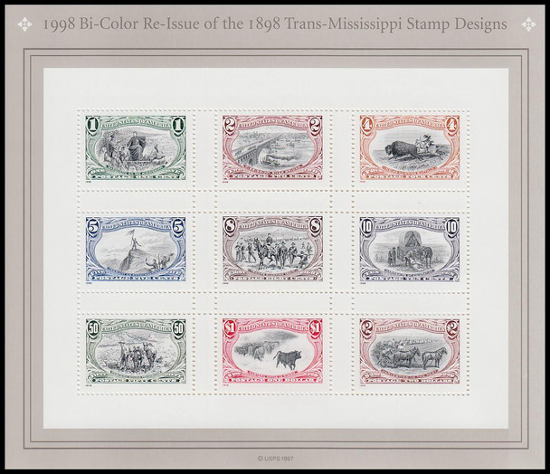 3209 / 1c - $2 Trans-Mississippi and International Exposition Pane of 9 Stamps 1998 USPS