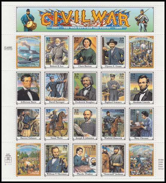 2975 / 32c Civil War Pane of 20 Stamps 1995 USPS