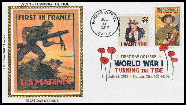 5300 / 50c World War I:  Turning the Tide Different Cachets Set of 7 Colorano Silk 1996 First Day Covers