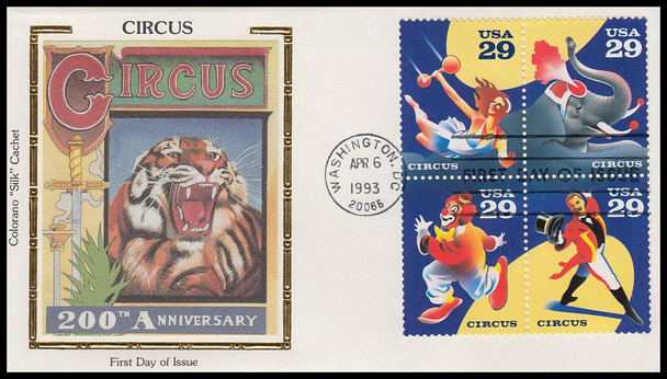 2753a / 29c Circus Se-Tenant Block Colorano Silk 1993 First Day Cover