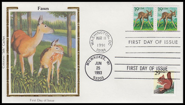 2479 and 2489 / 19c Fawn & 29c Red Squirrel Dual Issue 1991 & 1993 Colorano Silk First Day Cover