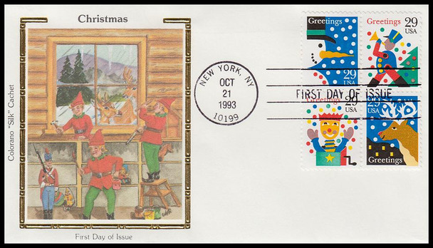 2794a / 29c Greetings Christmas Se-Tenant Block Colorano Silk 1993 First Day Cover