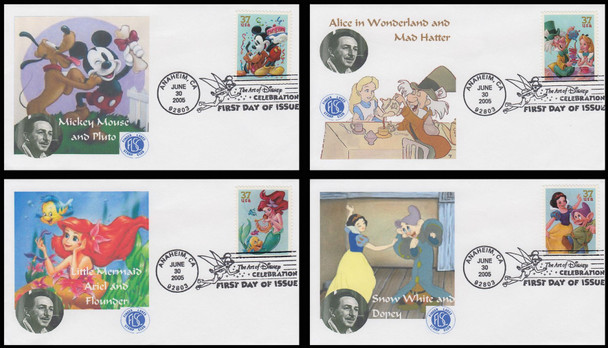 3912 - 3915 / 37c Celebration : Art of Disney Series Set of 4 Finger Lakes Stamp Club 2005 First Day Covers