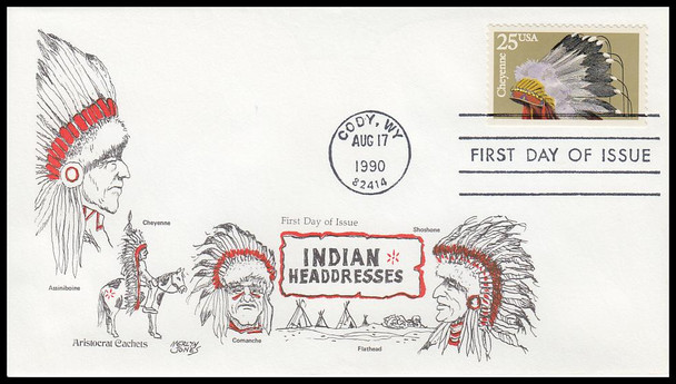 2501 - 2505 / 25c Indian Headdresses Set of 5 Aristocrat Cachets 1990 First Day Covers